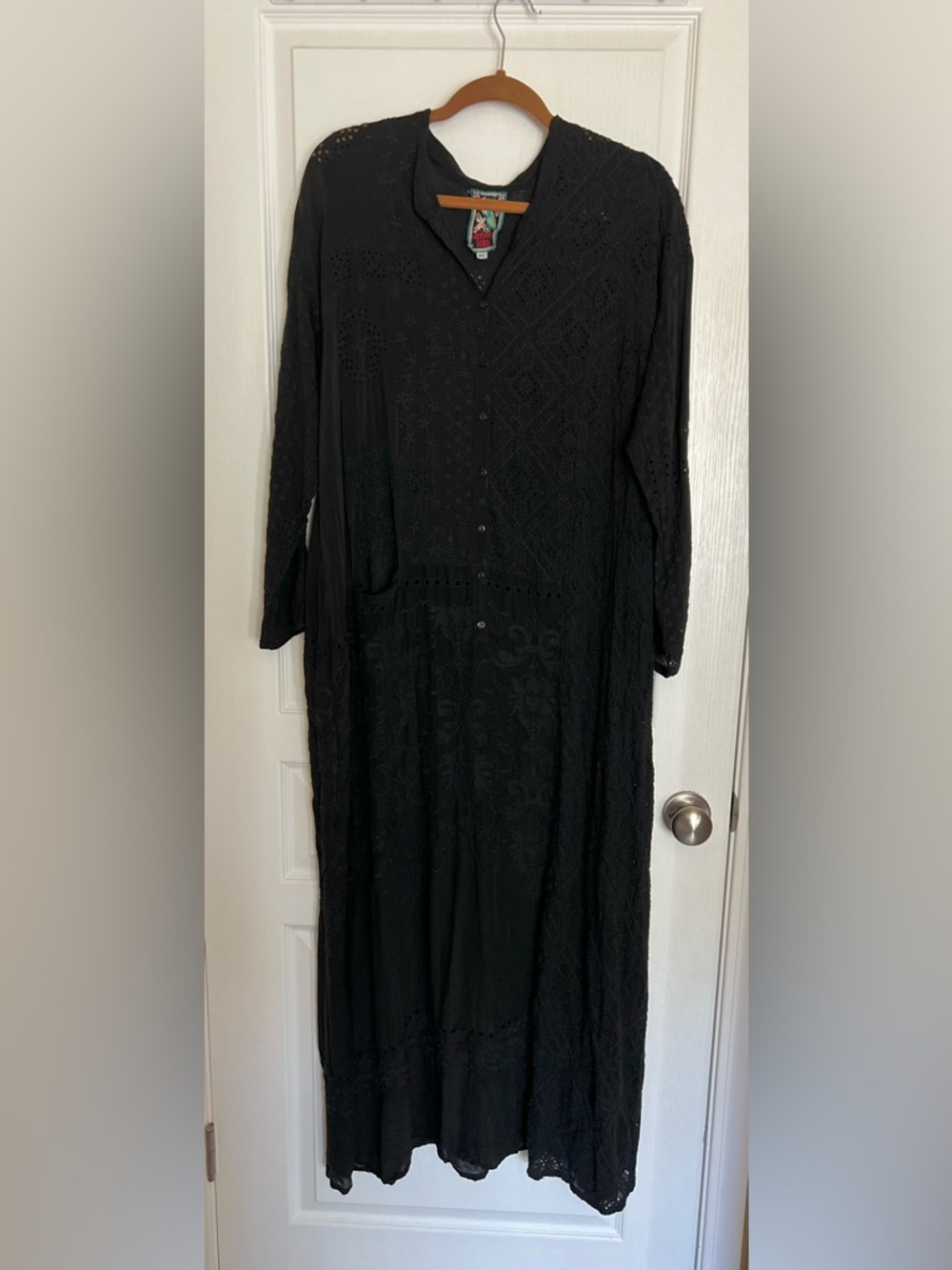 Johnny Was Black Embroidered Eyelet Semi-Sheer Maxi Duster Dress - Picture 2 of 9